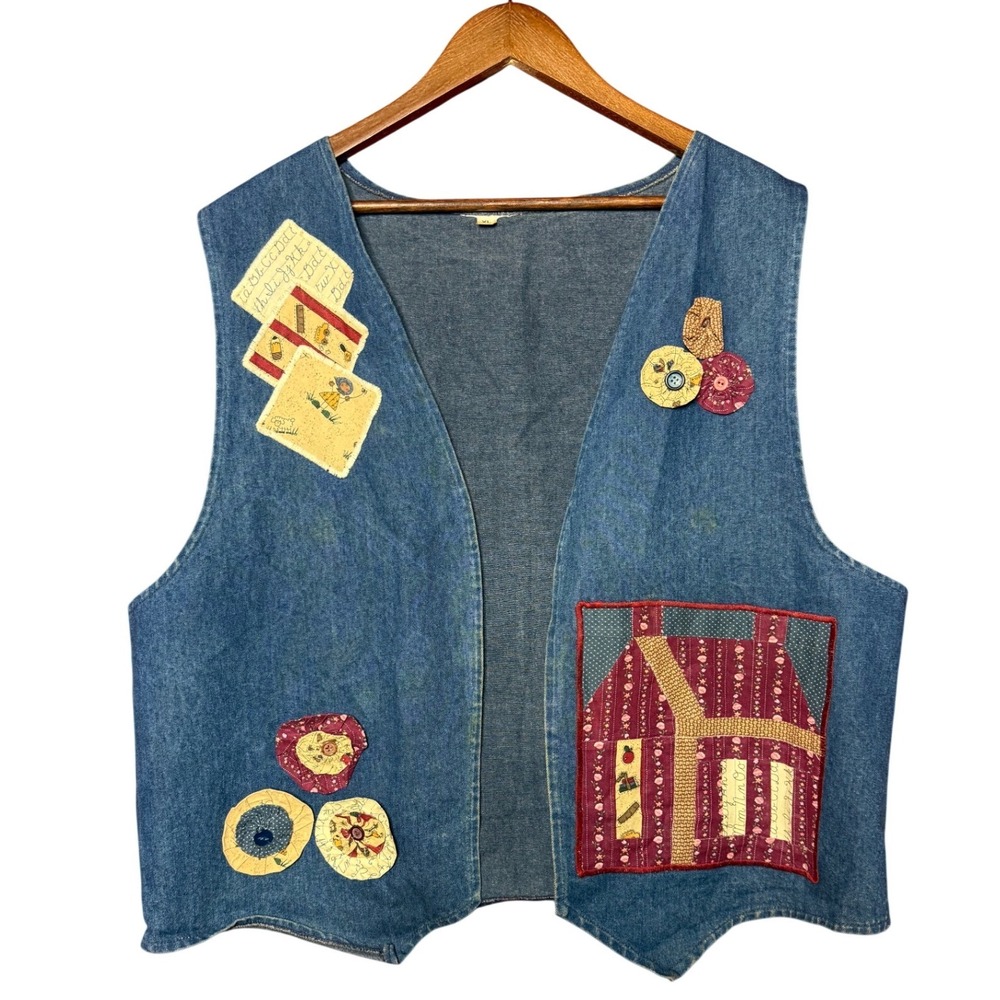 Vintage Women XL‎ Patchwork Denim Vest Blue Folk Art House Applique Artistic